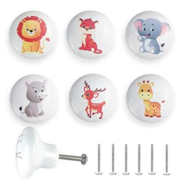 Imagem de Lasyman 6 peças de 3,8 cm fofos animais de safári divertidos puxadores de gaveta de cerâmica puxadores de leão berçário quarto infantil exclusivo decoração de armário puxadores de cômoda