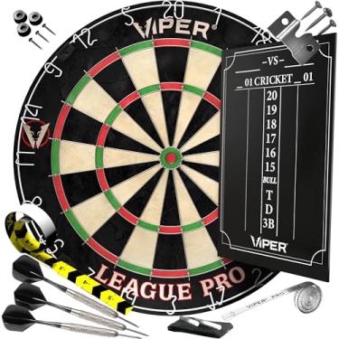 Imagem de Conjunto de Dartboard Viper League Pro Regulation Bristle Steel Tip com Bullseye sem grampos, aro radial de aranha, sisal de alto nível com anel giratório, marcador de giz de cricket, dardos de ponta de aço