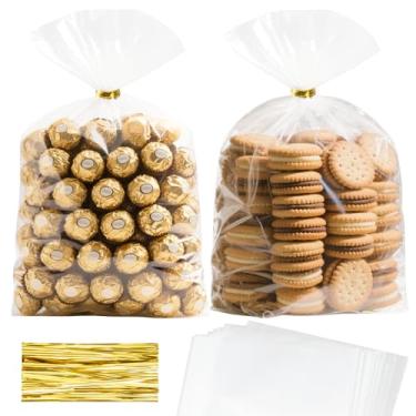 Imagem de RICEDUO Pacote com 50 sacos de presente de celofane com reforço de fundo transparente de 20,3 x 28 cm com laços dourados de 12 cm - Embalagem elegante para violoncelo para embalagem de lembrancinhas