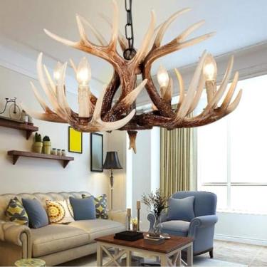 Imagem de Lustre De Chifre Pendurado Retrô Com Luzes Suspensas De Chifre Vintage Resina 6 Luzes Lâmpada Pendente Antiga Jane Sala De Estar Lâmpada Pendurada Altura Ajustável Loft Bar Café Sala De Jan