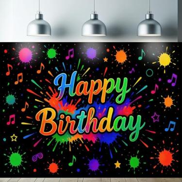 Imagem de Starlit Patio Tapeçaria de feliz aniversário que brilha no escuro 188 x 159 cm UV neon reativo festa para meninos meninas adultos decoração de parede psicodélica tripla decoração de parede