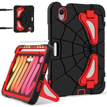 Imagem de Nitupai Capa para iPad mini 7 (A17 Pro) 2024, iPad mini 6 2021, capa à prova de choque para crianças de 8,3 polegadas com alça de ombro, suporte para caneta Pencil Pro e Pencil USB-C, preto e vermelho