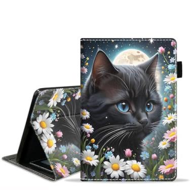 Imagem de JDHJFBFJNP Capa para tablet Amazon Fire Max 11 (11 polegadas, 13ª geração, versão 2023) com slot para cartão e hibernar/despertar automático - capa fólio fina de couro PU, gato preto sob a lua