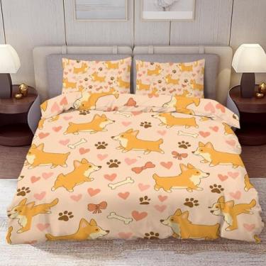 Imagem de Delerain Conjunto de capa de edredom tamanho solteiro, conjunto de cama de 3 peças com estampa de pata de cachorro Corgi para meninos meninas adolescentes moderno conjunto de quarto de microfibra