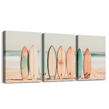 Imagem de Conjunto de 3 peças de arte de parede em tela estilo costeiro, prancha de surfe, esportes radicais, decoração de parede, arte de casa para sala de estar, quarto, decoração de parede de paisagem de