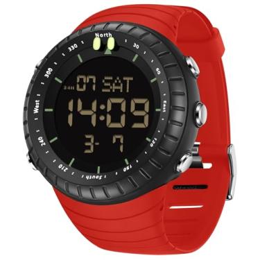 Imagem de findtime Relógio digital masculino tático à prova d'água com números grandes, alarme, cronômetro, esportivo, corrida, militar, relógio de pulso eletrônico simples, Vermelho, Casual