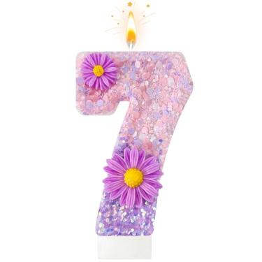 Imagem de Velas de aniversário de flores roxas, número 7 velas de aniversário para bolo, adequadas para festas de aniversário de desenho animado, decoração de bolos, aniversário de casamento e outros