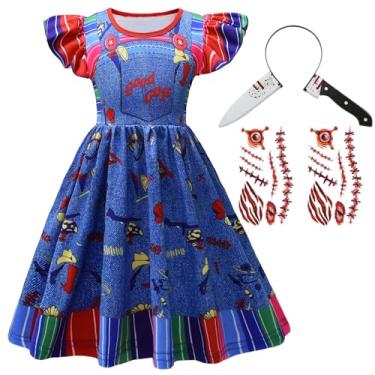 Imagem de Vestido infantil de manga voadora de princesa para meninas, fantasia clássica de filme de terror assassino com adesivo azul