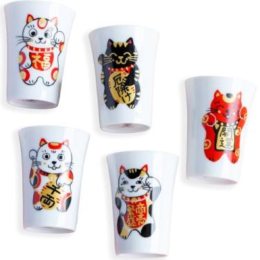 Imagem de ORANGE APRON Copos de saquê de cerâmica Mino [Feito no Japão/Conjunto de 5]: Com gato acenando (Maneki-Neko) em caixa de presente