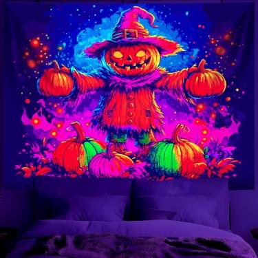 Imagem de Tapeçaria de Halloween com luz negra UV reativa que brilha no escuro, cena noturna de terror assustador com efeitos de esqueleto, castelo e neon, decoração estética tripla para festa (Pumpkin Wizard