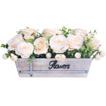 Imagem de Decoração de mesa de centro de mesa bandeja de madeira rústica com 3 flores artificiais de rosa champanhe e eucalipto falso para sala de jantar, casa de fazenda, sala de estar, cozinha e decoração de