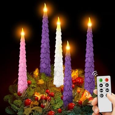 Imagem de Baquler 5 peças de velas cônicas sem chamas para árvore de Natal cintilantes com temporizador remoto, conjunto de velas do advento sem chamas LED de 25,4 cm roxo rosa branco para guirlanda do advento