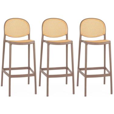 Imagem de Kit 3 Banqueta Alta Com Encosto Roma Em Polipropileno Cozinha/bancada - Marrom Claro
