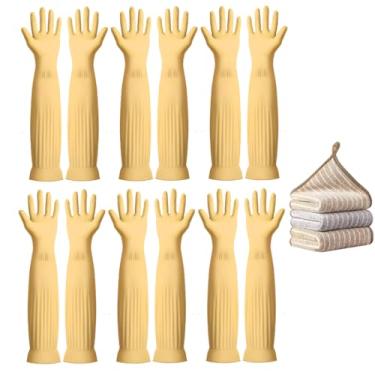 Imagem de Vsootal 6 Pares De Luvas Borracha Reutilizáveis, 17,8" Comprimento Até O Cotovelo, À Prova D'Água, Para Limpeza Doméstica E Lavagem Louças, Tamanho Grande