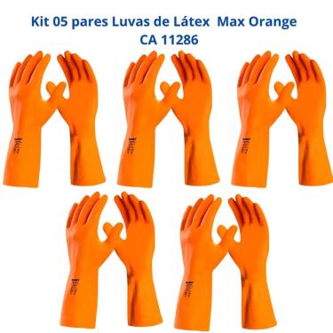 Imagem de Kit 5 Luvas Látex Laranja Reforçada Forrada Max Orange DA208 Danny CA 11286
