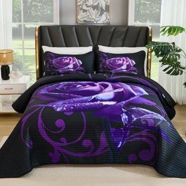 Imagem de Conjunto de colcha roxa tamanho Queen, colcha de rosa roxa com fronhas, conjunto de cama leve de microfibra macia para todas as estações (228 x 244 cm)