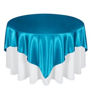 Imagem de Cobedzy Sobreposição de toalha de mesa quadrada de cetim de 182 cm, 1 capa de toalha de mesa quadrada turquesa, sem rugas, tecido resistente a manchas para festa, casamento, decoração de mesa de