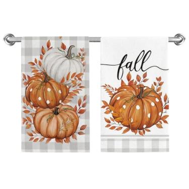 Imagem de Conjunto de 2 toalhas de prato de abóbora de outono, toalhas de mão de folhas xadrez de búfalo 45 x 66 cm, toalhas de prato de secagem de abóbora laranja para cozinha, banheiro, decoração de casa