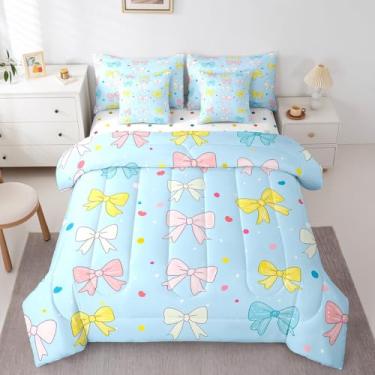 Imagem de Castle Fairy Conjunto de edredom com laço estilo princesa, 7 peças, estampa de laço fofo, solteiro, romântico, cama de dia dos namorados em uma bolsa com edredom, lençóis, fronhas, azul, rosa e