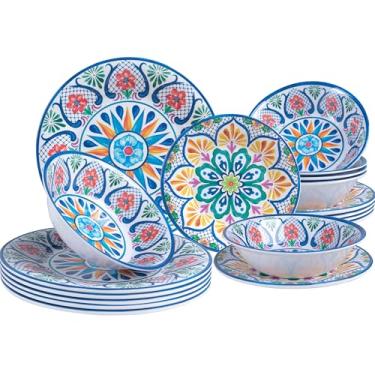 Imagem de ZAROCRUS Conjunto de 18 peças de louça de melamina, serviço para 6, conjunto de pratos e tigelas de cozinha Paisley, conjunto de louça inquebrável e leve, pratos de acampamento, uso interno e externo