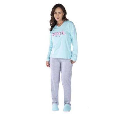 Imagem de Pijama Feminino Manga Longa Calça Listrada Adulto Canelado Quentinho I