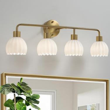 Imagem de vivihobb Luminária de banheiro de 4 luzes dourada escovada sobre o espelho, arandelas de parede, luminária de banheiro de latão dourado com sombra de flor de vidro branco leite, E26 (lâmpadas não
