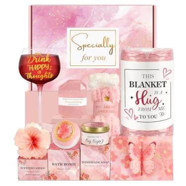 Imagem de YeohJoy Presentes de aniversário para mulheres, cesta de presentes de spa relaxante rosa para mulheres, kit de caixa de presentes de Natal com cobertor de taça de vinho para sua mãe, esposa, amiga