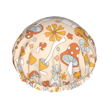 Imagem de Yinzaishe Touca De Banho Feminina Com Estampa Cogumelos, Reutilizável, Dupla Camada, À Prova D'Água, Protetor Cabelo, Forrado Peva, Todos Os Comprimentos Longos, Elástica E Ajustável