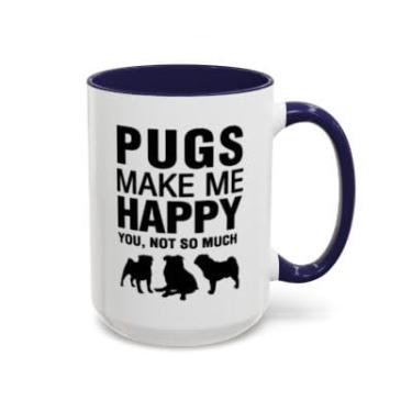 Imagem de Caneca Pugs Make Me Happy - Presente engraçado para amantes de cães, xícara de café com destaque - Ideia de presente de aniversário e Natal (azul-marinho, 425 g)