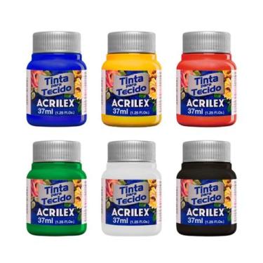 Imagem de Kit 6 Tintas Tecido Acrilex 37ml Preto Branco Verde Vermelho