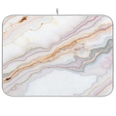 Imagem de Tapete de secagem de pratos com padrão de mármore branco rosa, tapete de secagem de pedra preta cinza para balcão de cozinha, tapete resistente ao calor, tapete de escorredor de pratos para balcão de cozinha