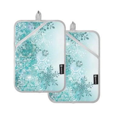Imagem de Porta-panelas com bolso, prata, inverno, azul-petróleo, turquesa, flocos de neve, suportes de panela de Natal para cozinha, almofadas quentes, luvas de forno resistentes ao calor, luvas de forno de