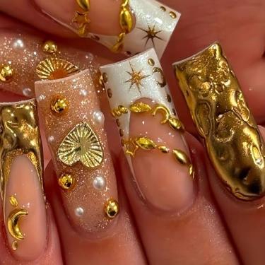 Imagem de Unhas postiças quadradas de pressão longa, unhas postiças brancas com ponta francesa, unhas postiças com glitter, desenhos de cola nas unhas, fofo, reutilizável, manicure feminina