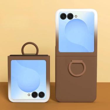 Imagem de Capa de silicone líquido luxuosa com janela grande para Samsung Galaxy Z Flip 6 5, capa com anel de cor degradê, branco e marrom, para Samsung Galaxy Z Flip6