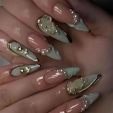 Imagem de Unhas postiças médias de amêndoa, unhas postiças de acrílico com ponta francesa, azul claro, com berloques e designs de redemoinhos 3D, pregos, prensas, reutilizáveis para mulheres, 24 peças