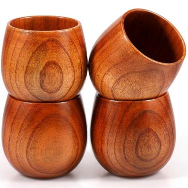 Imagem de XYDHQS Copo de madeira de 4 peças para beber uísque, copos de madeira vintage de 250 ml, copo requintado resistente ao calor com textura natural para chá de café e leite, presentes de aniversário