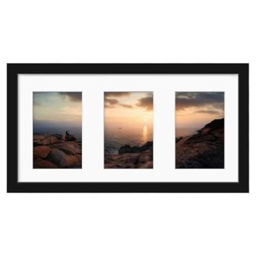 Imagem de KINLINK Moldura de colagem panorâmica de 20 x 40 cm, moldura preta de madeira maciça com acrílico HD para várias fotos de 10 x 15 cm com tapete ou 20 x 40 cm sem tapete, suporte de mesa e parede, 1