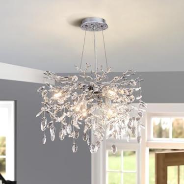 Imagem de witkey Lustre De Cristal Moderno Com Galho De Árvore, Luxuoso, Prateado, Pendente De Cristal, 18" Lustres Contemporâneos De 6 Luzes Para Sala De Jantar, Cozinha, Quarto, Sala De Estar