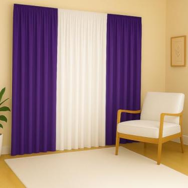 Imagem de Cortina Versátil 3,00 x 2,80 Tecido Leve, Decoração Sofisticada para Sala e Quarto (ROXO - BRANCO)