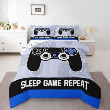 Imagem de Feelyou Jogo de cama solteiro com edredom gamer para crianças, meninos, meninas, console de jogos, respirável, macio, leve, microfibra, azul, cinza, preto, decoração de quarto