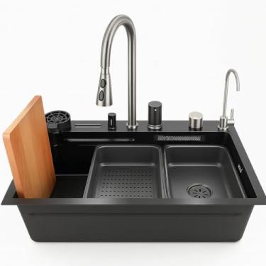 Imagem de Pia de Cozinha Tipo Cascata de Aço Inoxidável Preto com Estação de Trabalho, Torneira Retrátil e Conjunto Completo de Acessórios Cuba de Aço Inox Polido 80x46