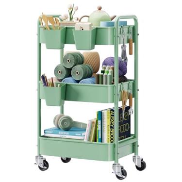 Imagem de Carrinho de armazenamento de 3 camadas de metal com rodas, carrinho verde para fraldas de bebê, organizador de carrinho de artesanato de três camadas, carrinho utilitário para arte, livro, lanche