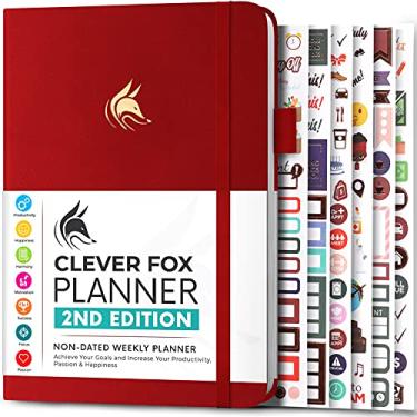 Imagem de Clever Fox Planner 2ª edição – Planejador de objetivos semanal e mensal colorido, organizador de gerenciamento de tempo e produtividade, sem data, A5 (vermelho)