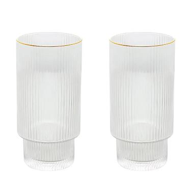 Imagem de Jogo 2 Copos Altos 400Ml Cristal Canelado Borda Dourada Ouro