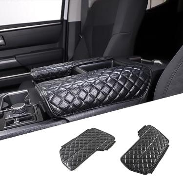 Imagem de HIRUFAIT 2 peças capa de apoio de braço para console central para Toyot@ Tundra/Sequoia 2022-2023 acessórios, caixa de apoio de braço de couro macio e confortável protetor de almofada impermeável antiarranhões (direção à esquerda)