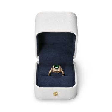 Imagem de Woodten Caixa de presente interior de veludo azul para anel de couro PU branco pequena caixa de anel de proposta