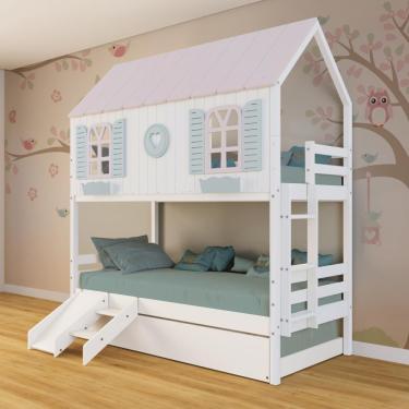 Imagem de Treliche Casinha Bela Com Coração Kit Escada/escorregador - Madeira Maciça Branco/rosa/verde Megamobilia