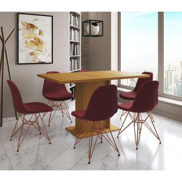 Imagem de Mesa Jantar Londres Retangular Canela 137X90Cm 6 Cadeiras Estofadas Vermelho Base Cobre