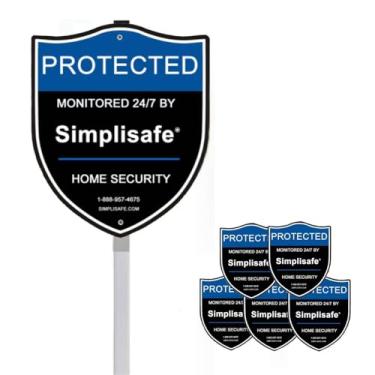Imagem de 1 pacote com 5 adesivos de janela compatíveis com sistema de segurança doméstica Simplisafe, placa de alumínio Simplisafe de 23 cm x 28 cm com estaca de metal de 71 cm, segurança de alarme