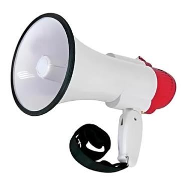 Imagem de Megafone Profissional com Sirene, 35W, Branco e Vermelho, Recarregável USB, Gravador de Voz, Alcance 365m, Controle de Volume, 22cm